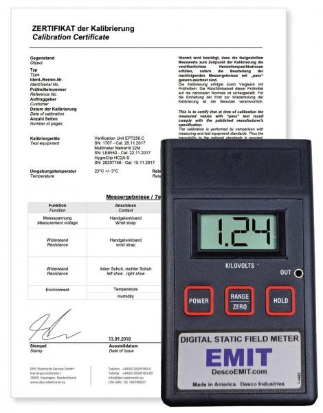 The image displays a calibration certificate on a white sheet and a digital measuring device. The device's display reads 1.24. The measuring device is labeled and has buttons.