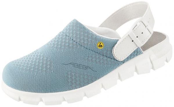 The shoe is a blue clog with a textured upper and a white strap at the back. The sole is thick and grippy, ideal for comfort and support.