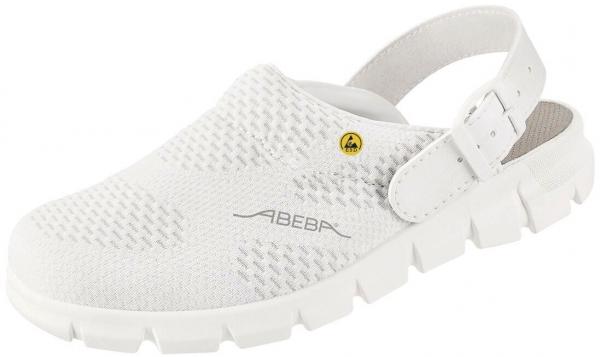 The shoe is a white clog with elastic, breathable upper. It has an adjustable strap at the back and a thick, non-slip sole. Modern, sporty style.