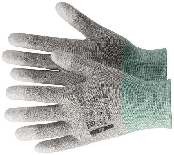 The image shows a pair of gloves with a gray upper and a green cuff. The gloves are thin, flexible, and intended for hand protection.