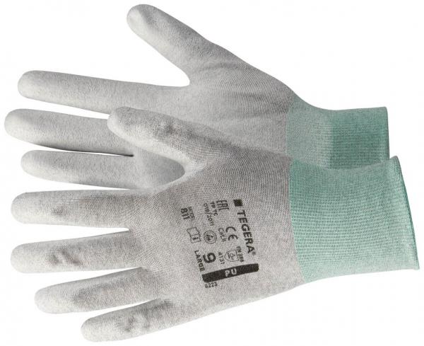 The image shows a pair of gray work gloves with elastic, mint green cuffs. The gloves are thin and breathable, suitable for precise tasks.