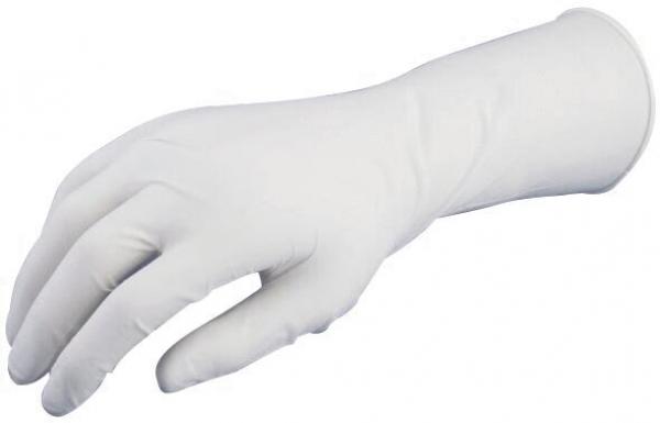 The image shows a white disposable glove lying on a flat surface. The glove is slightly rippled and has an anatomical shape, like a hand.