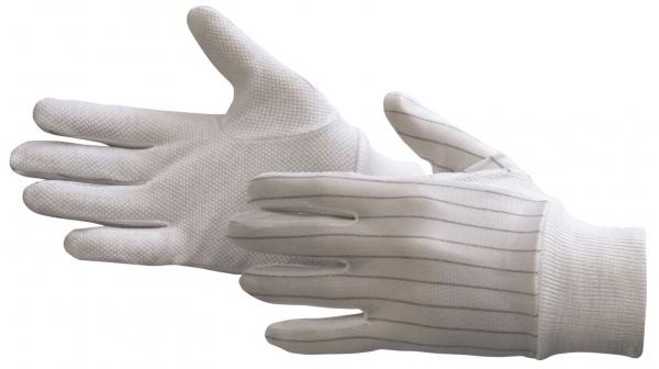 The image shows a pair of white gloves. They are made from a durable material, with fine grooves or patterns for better grip. The fingertips are cut, and the gloves are slightly elastic.