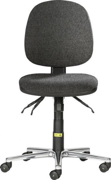 The office chair is in a dark gray shade, has a padded seat, and a high backrest. It stands on a five-spoke base with casters, making it movable.