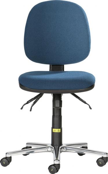 The office chair has a round, blue fabric cover. The seat is lightly padded and is mounted on an adjustable base with casters, allowing for mobile use.