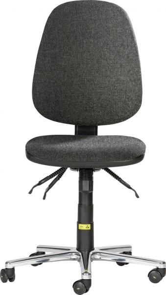 Der Stuhl hat eine hohe, runde Rückenlehne und eine breite Sitzfläche. Er ist schwarz und mit einem weichen Stoff bezogen. Unter dem Sitz befindet sich ein höhenverstellbarer Mechanismus und er steht auf fünf Rollen.