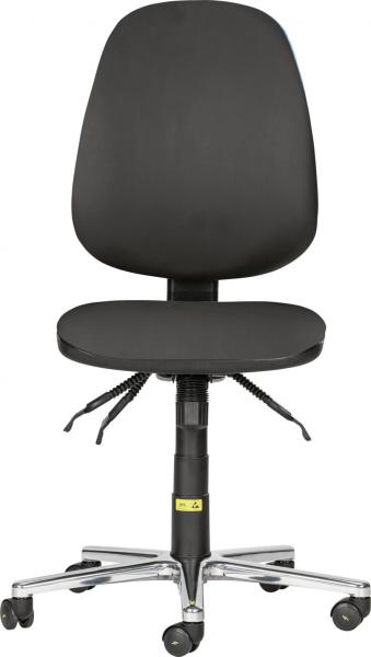 Der Stuhl ist ergonomisch, mit einer hohen, runden Rückenlehne und einer breiten Sitzfläche. Er ist schwarz und hat fünf bewegliche Rollen sowie eine verstellbare Sitzhöhe.