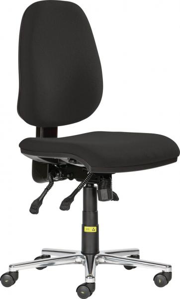The chair is ergonomically designed, has black upholstery, and a high backrest. It is mounted on a sturdy base with casters, which allows for mobility.