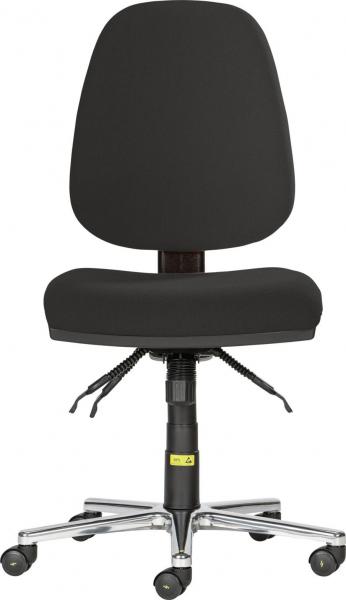 The office chair features a black padded seat and backrest. It is mounted on a sturdy, chrome-plated base with five casters that allow for mobility. Adjustable levers are visible.