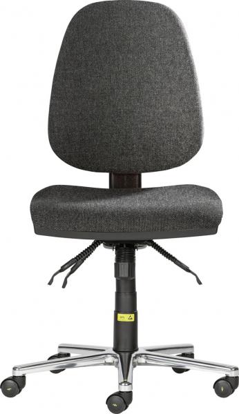 The chair is an office chair with a high, padded backrest made of gray fabric. It has a wide seat, adjustable height, and rolling metal feet.