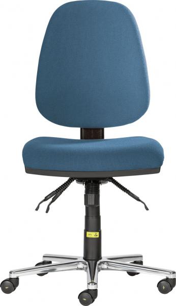 The chair has a high, round backrest and a wide seat, both upholstered in a blue fabric. It is mounted on a chrome frame with five casters. The height is adjustable.
