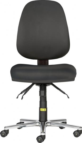 The image shows a black office chair with a high back and a padded seat. The chair has five wheels and a gas-powered height adjuster.