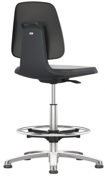 The image displays an adjustable office chair with a black, ergonomic backrest and seat. It features a stable base with a ring for footrest.