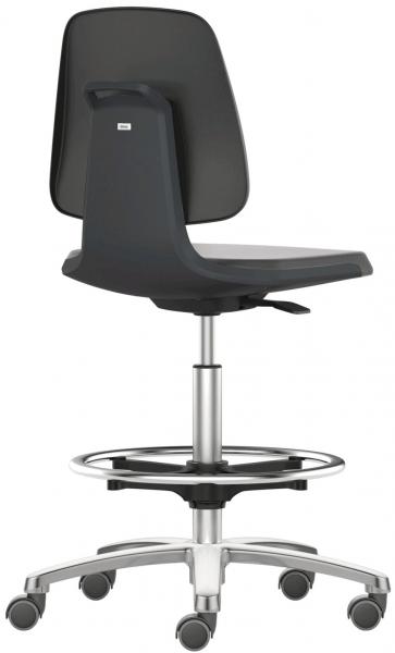 The image shows a stylish, height-adjustable office chair with a mesh back, wide seat, and five casters for easy movement. The base is made of chrome-plated metal.