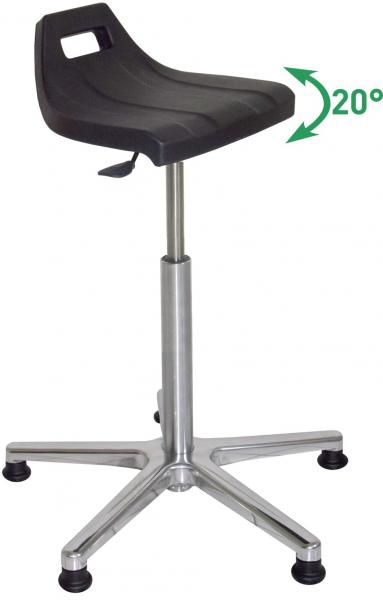 The image shows an adjustable-height bar stool with a black, ergonomic seat and a silver metal frame. The base has five feet for stability. The seat can be tilted by 20 degrees.
