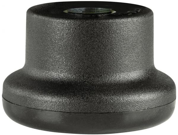 The image shows a round, black plastic object with a smooth, slightly curved top and a hollow center. It has a thick, sturdy base and a simple shape.