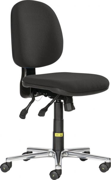 The chair is a black office chair with a padded seat and backrest. It has five casters and an adjustable height mechanism. The frame is made of metal.
