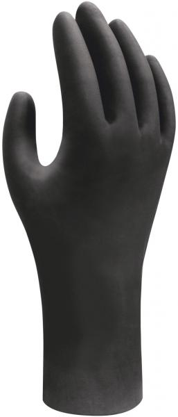 The image shows a black, multi-fingered glove. It is shaped like a human hand with visible fingers and a slightly curved palm.