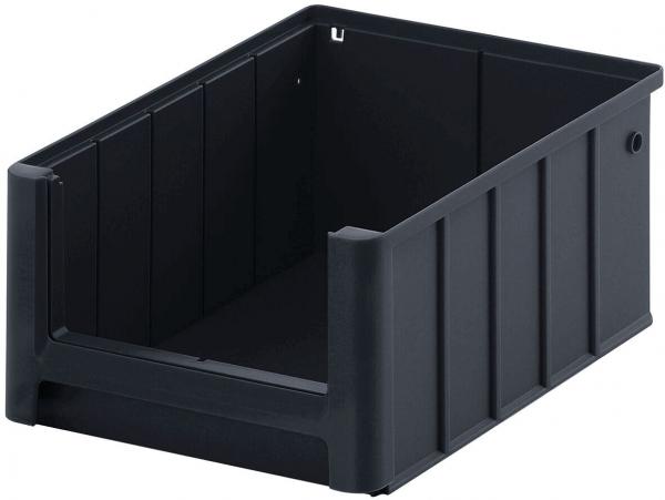 The image shows a black, rectangular plastic container. It has tall, straight sides and is without a lid. The corners are rounded, and the surface is smooth.