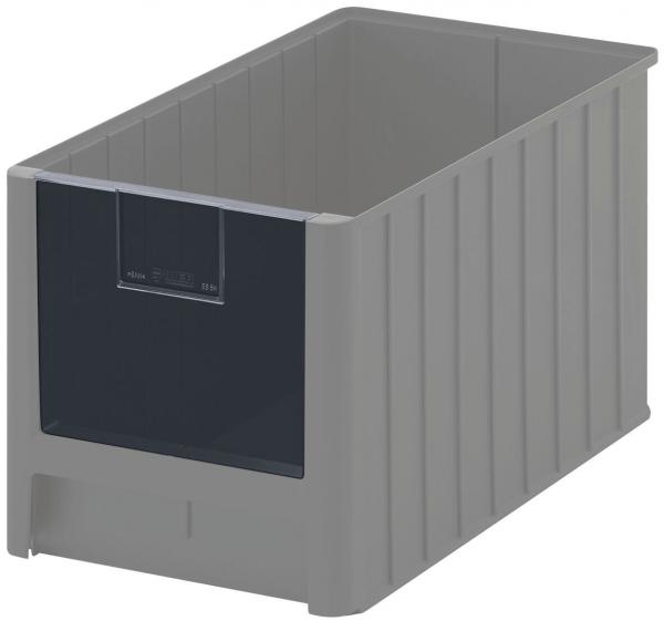A rectangular, gray plastic container with vertical grooves. One side has a transparent, dark front with a label area. The container stands on a flat base.