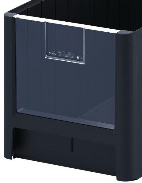 The image shows a black plastic storage container. It has an open top, a smooth, matte finish, and a transparent front panel. Ideal for organization and storage.