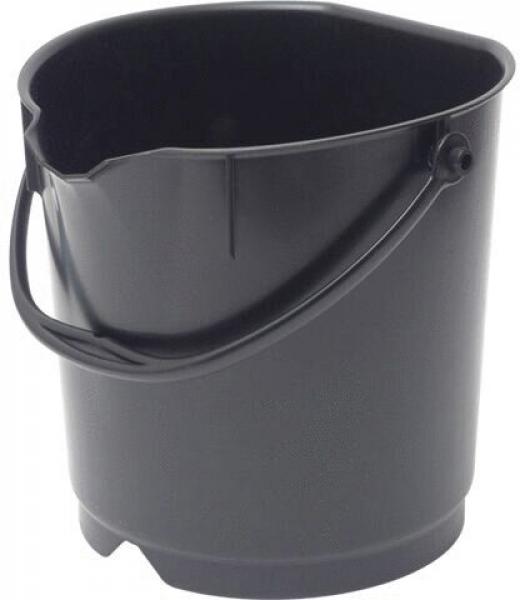 The bucket is made of black plastic, has a square base shape, and a straight wall. It has a handle on the side and a slightly beveled opening at the top edge.