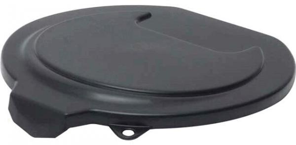 The image shows a round, black lid with a smooth surface and a side recess. It has a small handle or loop on the side.