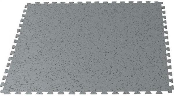 The image shows a square, gray mat with a textured surface and jagged edges, which are designed for easy connection with other mats. It is durable and versatile.