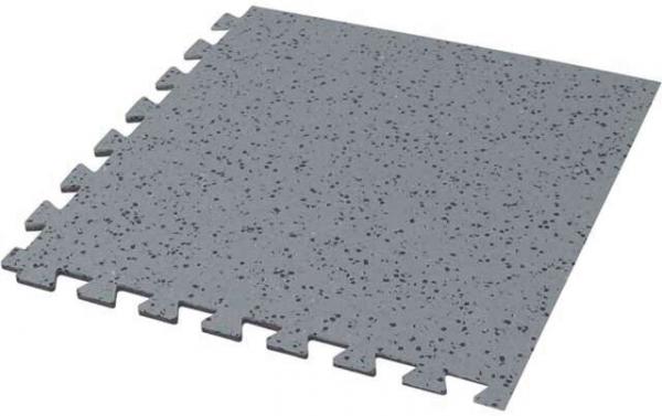 The image shows a square, gray floor tile with small black speckles. The edges are dimpled to facilitate easy installation.