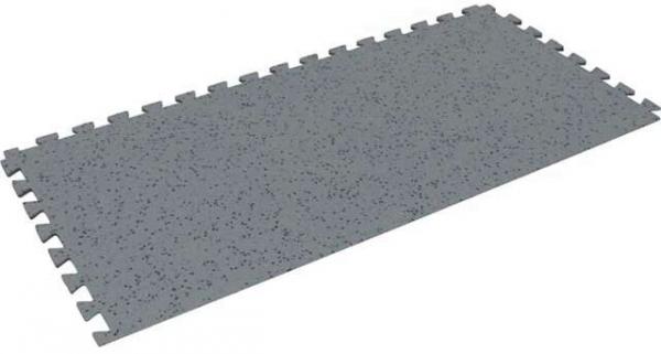 The image shows a large, gray mat with a textured surface. It has interlocking edges that allow the assembly of multiple mats. It appears sturdy.