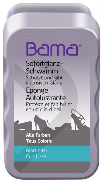 Das Bild zeigt eine graue Verpackung eines Sofortglanzschwamms von der Marke Bama. Darauf steht der Produktname in Großbuchstaben und es sind Hinweise zur Anwendung. Der Hintergrund ist schlicht.