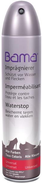 In the image, there is a spray can visible. It has a gray color with purple and red accents. The logo "Bama" is prominently placed. The product protects against water and stains.