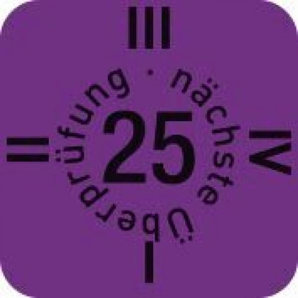 The image shows a purple square sticker with the number "25" in the middle. Around it are the terms "next inspection" and "review", as well as Roman numerals.