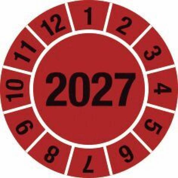 Das Bild zeigt einen roten Kreis mit der Zahl "2027" in der Mitte. Rundherum befinden sich Zahlen von 1 bis 12, die gleichmäßig angeordnet sind.