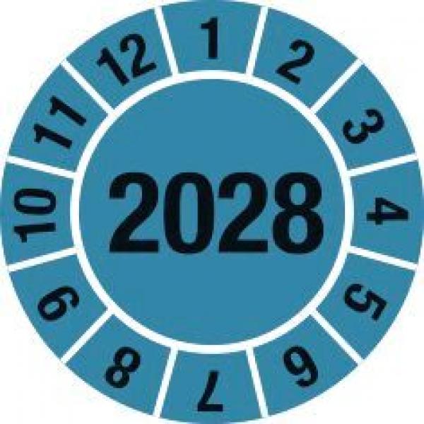 The image shows a round scale with the numbers 1 through 12 and the year "2028" in the center. The background is blue, the numbers are black.
