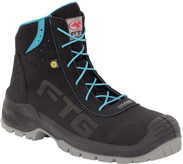 The shoe is a black, mid-height safety boot with blue laces and a sturdy, non-slip sole. The sides have small holes for ventilation.