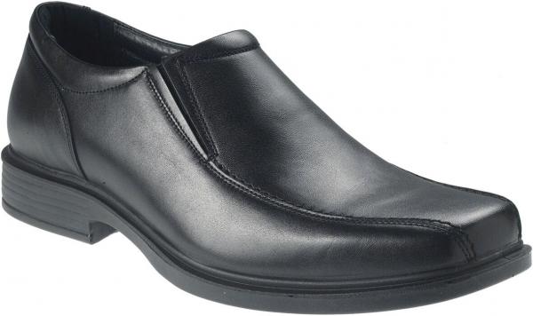 The shoe is an elegant, black loafer made of smooth leather. It has a flat sole and no laces. The shape is slightly rounded and features side elastic inserts.