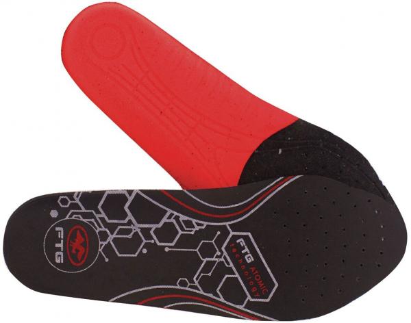The image shows two shoe soles. One sole is red with a smooth surface, the other is black with a textured, perforated pattern and graphic elements.