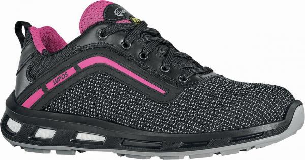 The shoe is a sport or casual shoe made of lightweight, black material. It has a textured surface, pink accents, and a grippy sole. The laces are black.