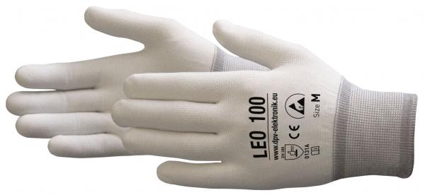 The image shows a pair of work gloves. They are light gray with an elastic cuff. On the palm, it reads "LEO 100" along with some certification marks. They appear sturdy and flexible.