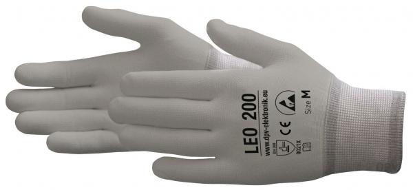 The image shows a gray work glove with a tightly woven structure. On the palm, it reads "LE0 200" along with additional information. The glove appears flexible and comfortable.