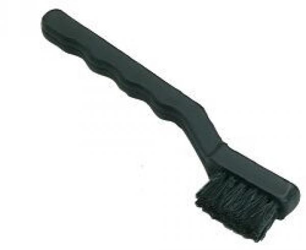 The image shows a small, black cleaning brush with a curved handle. The bristles are soft and densely arranged, ideal for removing dust or dirt.