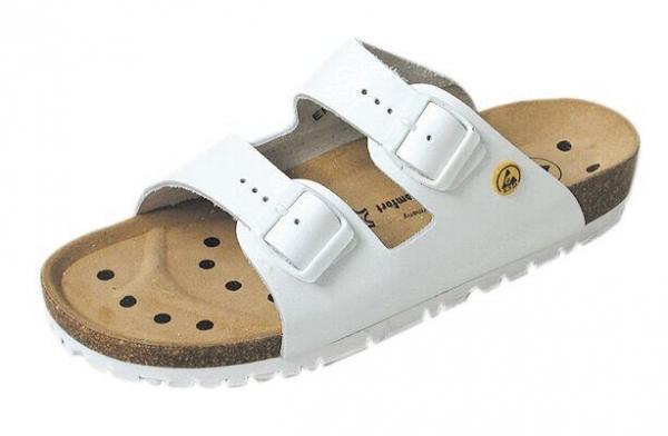 The shoe is a white sandal with two adjustable straps. The sole is brown and has small air holes. It has a comfortable, lightweight construction and is well suited for summer.