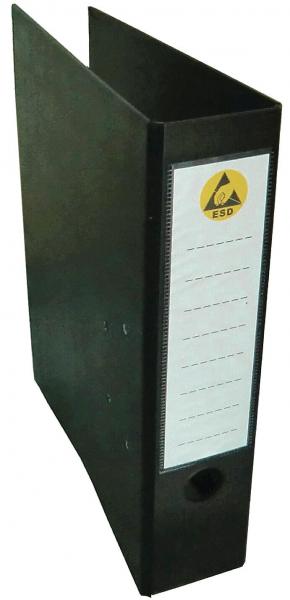 The image shows a black folder with a white labeling area on the front. On the left side, there is a hole for gripping. The folder has a simple, practical shape.