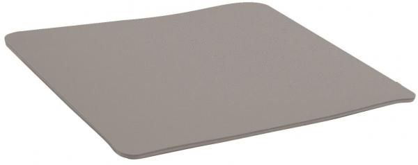 The image shows a flat, rectangular object with rounded corners that has a smooth, gray surface. It appears soft and flexible, possibly a cushion or a mat.