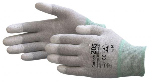 The image shows a pair of gray work gloves with a green cuff and a "Carbon 205" mark. They are thin and flexible, suitable for precise work.
