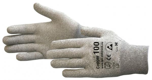 The image shows a pair of gray work gloves that are slightly stretchable. On the back of the hand is "Copper 100" in black lettering. The gloves provide a secure grip and protection.