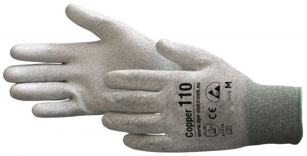 The image shows a gray work glove with a textured surface. There is a label visible on the inside. The wrist area is greenish.
