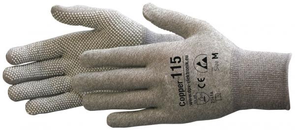 The image shows a gray work glove with a textured, non-slip grip and reinforced seams. There is a label on the back of the hand. The glove is depicted in full length.