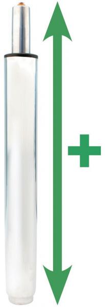 The image depicts a long, cylindrical object with a metallic top and a transparent bottom half. Two green arrows indicate an upward and downward movement.